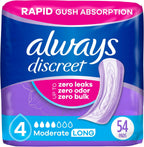 Always Discreet Adult Incontinence Pads for Women, Drier, 4 Drop Long Length, Moderate Absorbency, Pads for Bladder Control Management, Bladder Leaks, & Postpartum Pads, 54ct