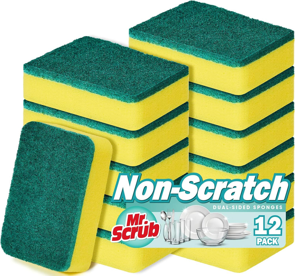 Mr. Scrub Sponges Kitchen Scrub Dish Sponge Scouring Pad, 12 Pack Cleaning Brush Scrubber Supplies for Soap, Dishwashing Dinnerware Sets Pan Pot Towels Cloth Rags Holder Glass Dishwasher Sink Bathroom