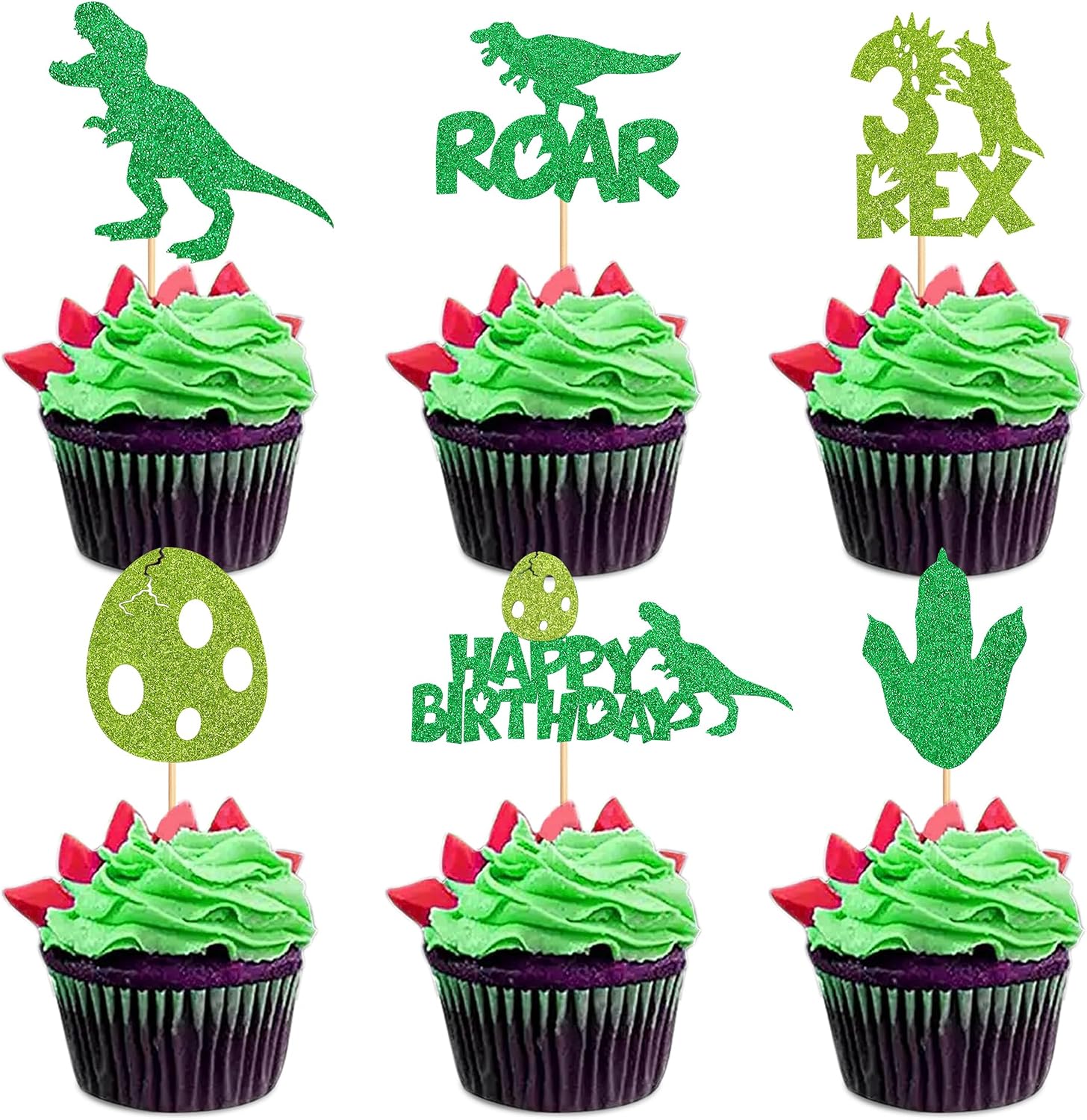 Ercadio 24 Pack Dinosaur 3rd Cupcake Toppers Green 3 Rex Roar Dinosaur Cupcake Picks Dino Egg Happy Birthday Cupcake Toppers Dino Theme Baby Shower Birthday Party Cake Decorations Supplies