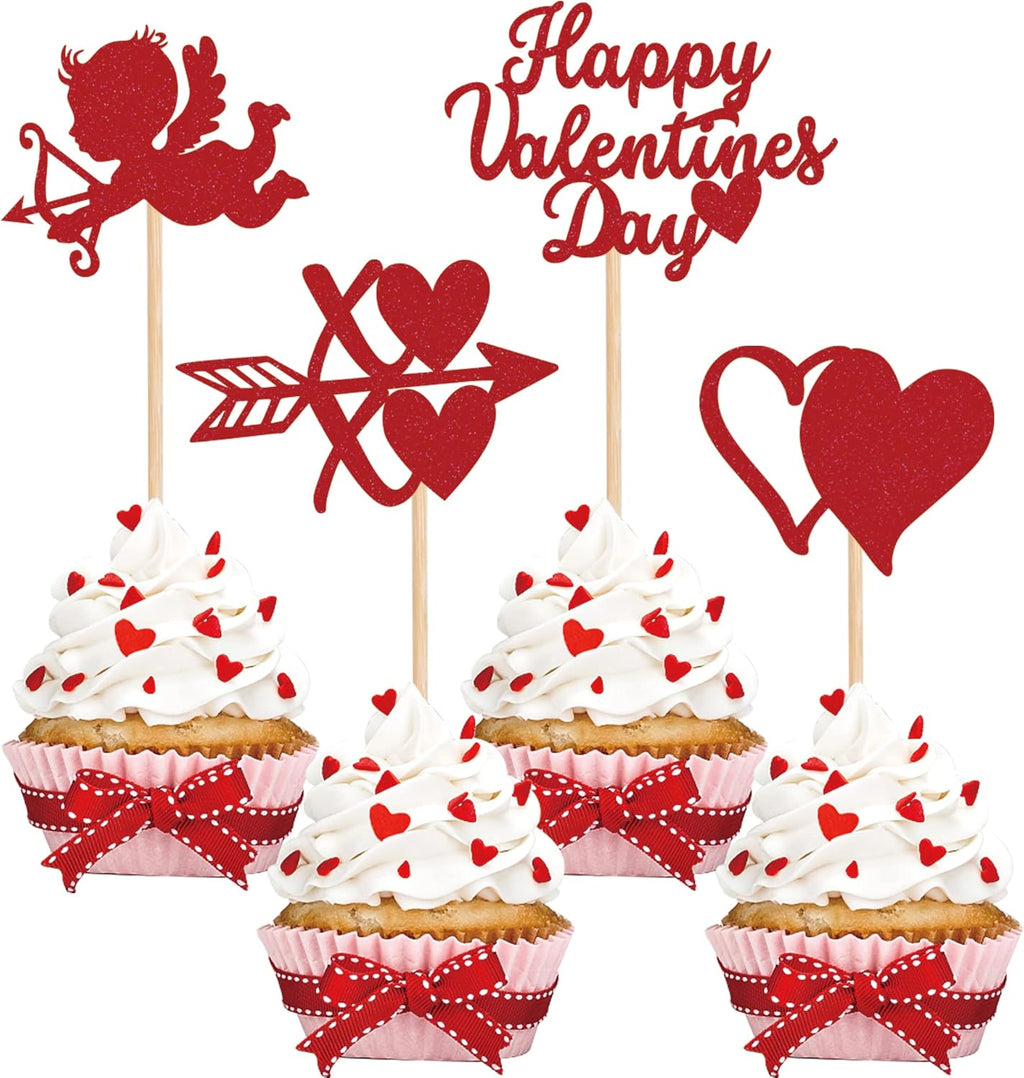 24 PCS Happy Valentine's Day Cupcake Toppers with Glitter Heart XOXO Cupid Cupcake Picks Valentine's Day Theme Wedding Bridal Shower Birthday Party Cake Decorations Supplies Red
