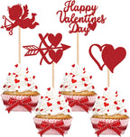 24 PCS Happy Valentine's Day Cupcake Toppers with Glitter Heart XOXO Cupid Cupcake Picks Valentine's Day Theme Wedding Bridal Shower Birthday Party Cake Decorations Supplies Red