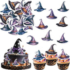 45PCS Edible Witch Hat Cupcake Toppers Wafer Paper Halloween Hat Cake Decorations Witch Magic Cupcake Toppers for Halloween Eve Theme Party Birthday Decor Supplies