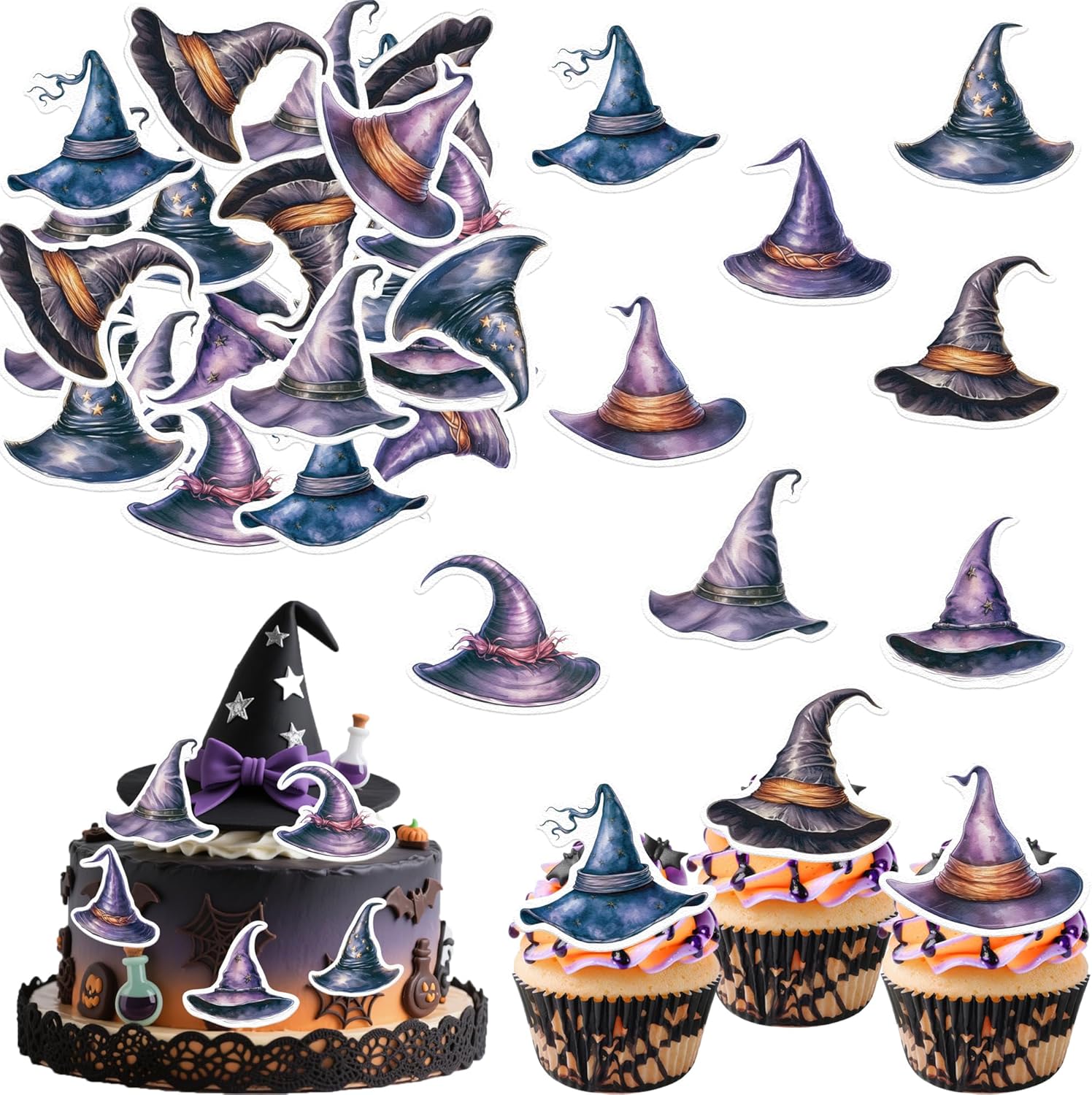 45PCS Edible Witch Hat Cupcake Toppers Wafer Paper Halloween Hat Cake Decorations Witch Magic Cupcake Toppers for Halloween Eve Theme Party Birthday Decor Supplies