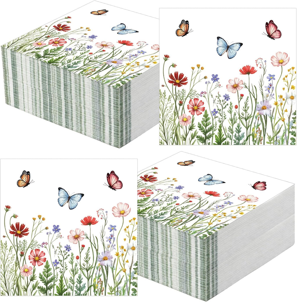 Wildflower Napkins, 100 PCS Floral Napkins Party Decorations, Spring Napkins Paper, Flower Decorative Dinner Cocktail Napkin Disposable for Summer Spring Baby Shower Party Favor Supplies(6.5 * 6.5)