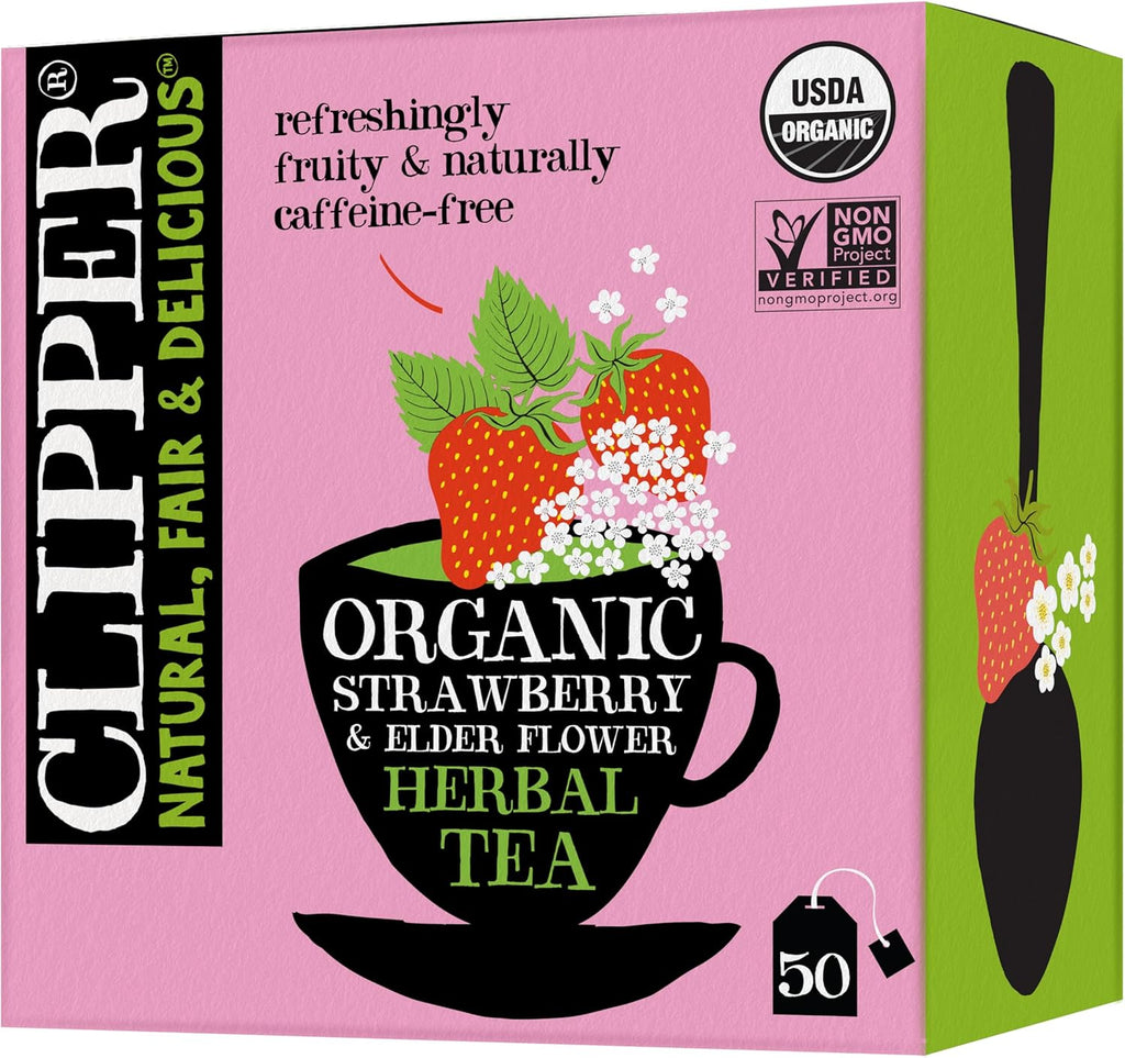 Clipper Tea Organic Strawberry & Elderflower Herbal Tea – 50 Count (Pack of 1) – Caffeine Free & Non-GMO – Unbleached, Plastic-Free Tea Bags – Delicious Hot or Iced Fruit Infusion