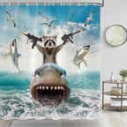 TOMOZ Funny Animal Shower Curtain, Cool Raccoon Riding Shark Theme Ocean Shower Curtain for Bathroom, Fun Nautical Kids Children Fabric Bath Curtain with 12 Hooks 69 x 84Inch