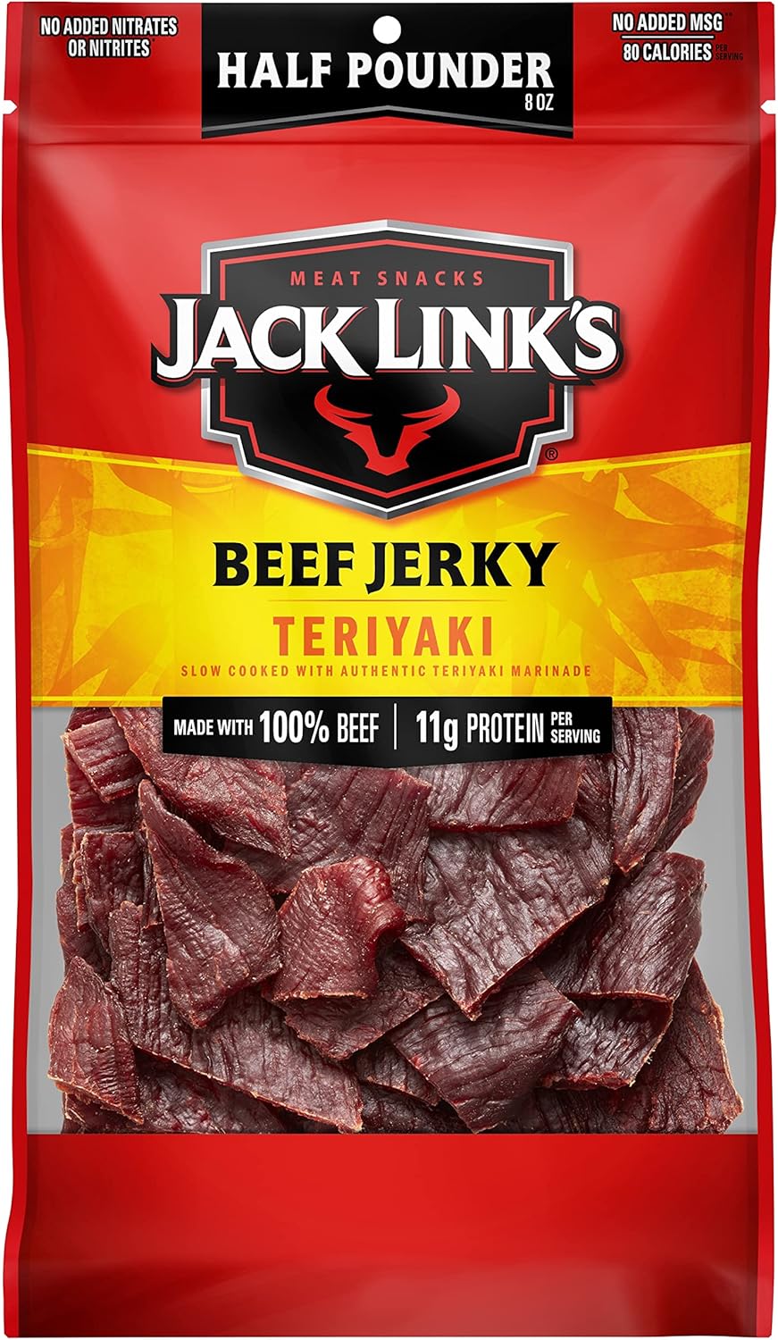 Jack Link's Beef Jerky, Teriyaki, Half Pounder Large Jerky Bag - Flavorful Meat Snack, Ready to Eat Protein Snacks with 11g of Protein per Serving, Made with 100% Beef