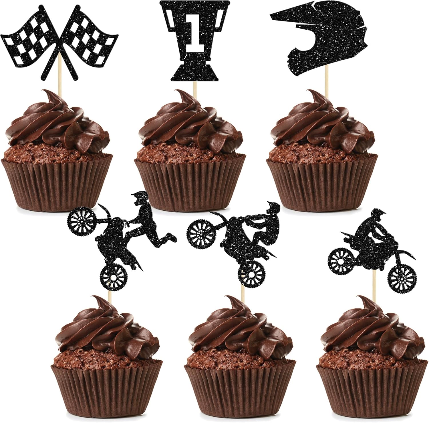 Ephlyn Motorcycle Cupcake Topper, 24 Pcs Black Glitter Decorations for Sports Motocross Theme Man Boy Birthday Party Cake