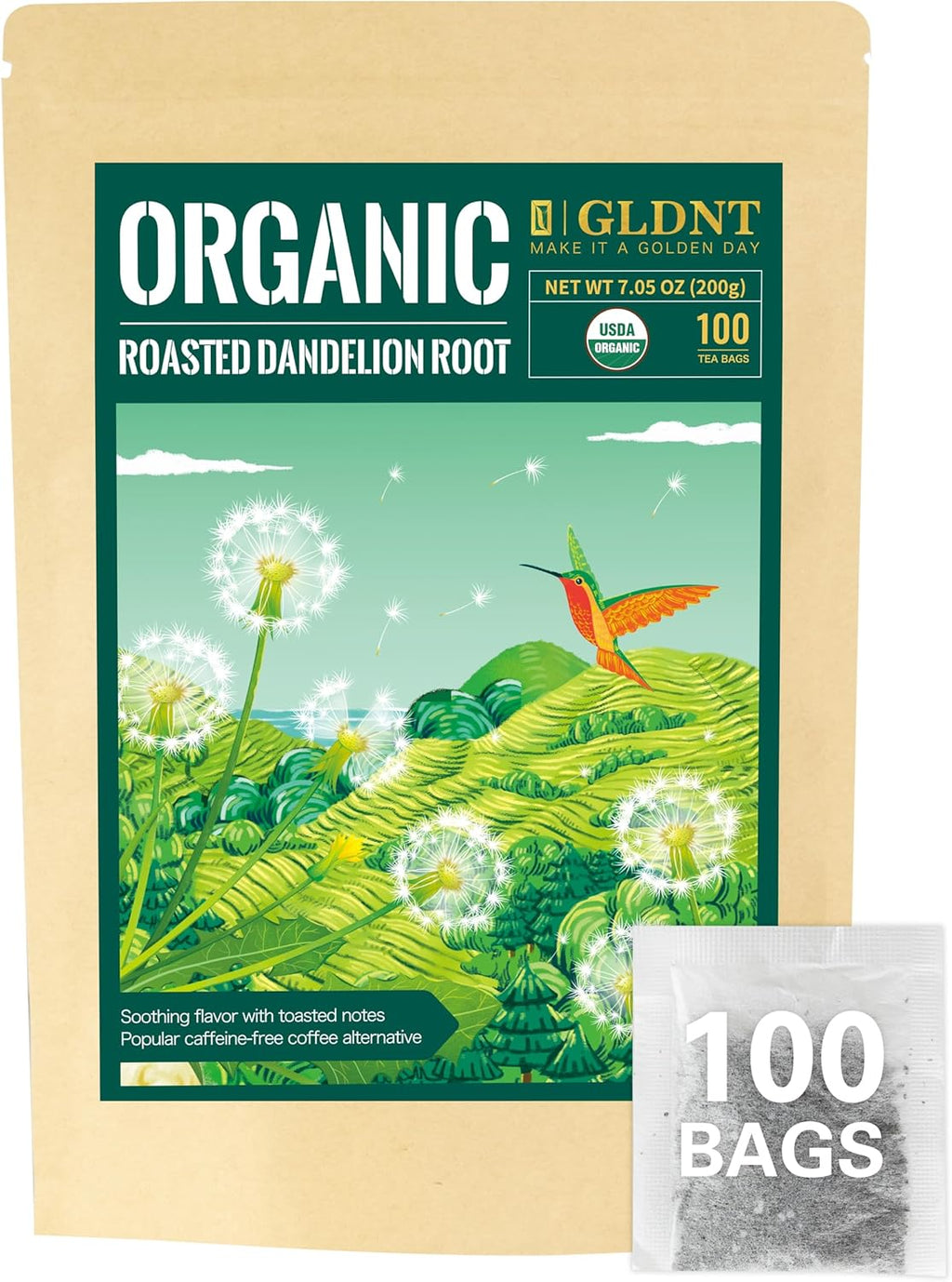 GLDNT Organic Roasted Dandelion Root Tea Bags, Roasted Aroma & Smooth Flavor, Caffeine Free, 100 Count