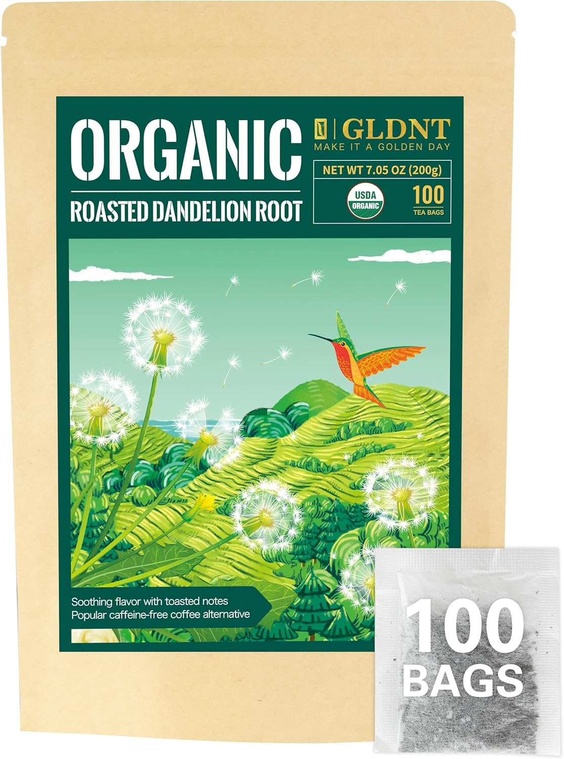 GLDNT Organic Roasted Dandelion Root Tea Bags, Roasted Aroma & Smooth Flavor, Caffeine Free, 100 Count
