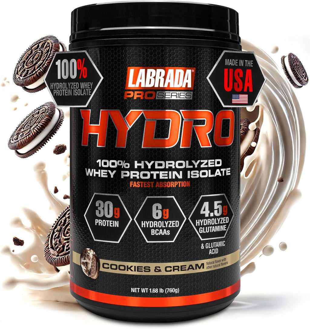 Labrada Hydro 100% Pure Hydrolyzed Whey Protein Isolate Powder, Lactose free, 6g BCAA’s, 4.5g Glutamine, Fastest Digesting Whey Available, Instant Mixing, Delicious Taste 20 Servings (Cookies & Cream)