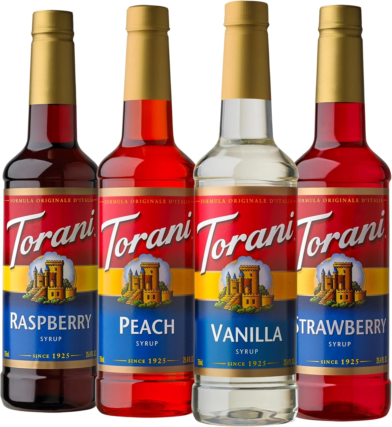 Torani Flavored Drink Syrup Soda Shop Variety Pack, Raspberry, Peach, Vanilla & Strawberry, 25.4 fl oz (Set of 4)