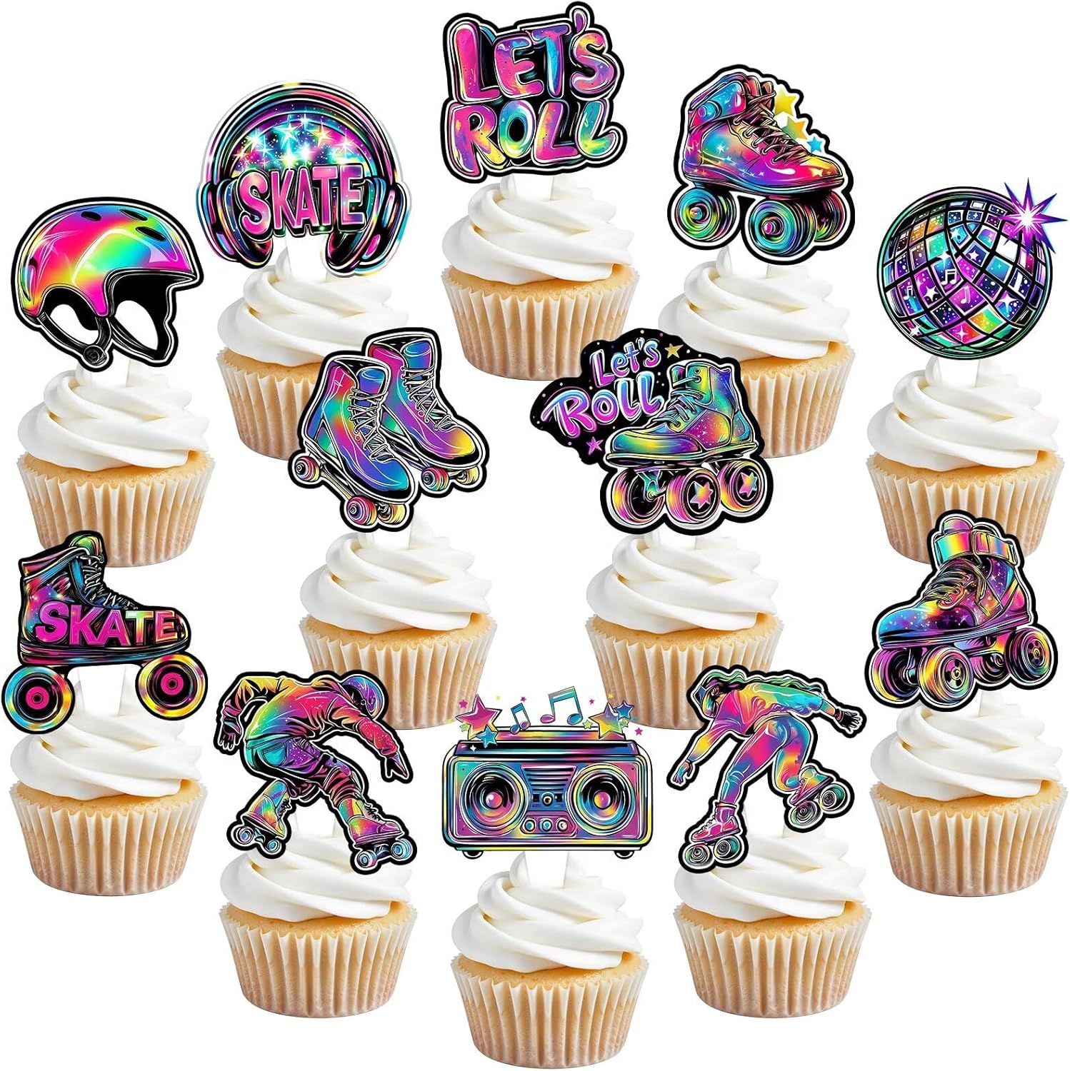 48 Pcs Roller Skate Cupcake Toppers Roller Skate Party Decorations Skating Birthday Party Favors