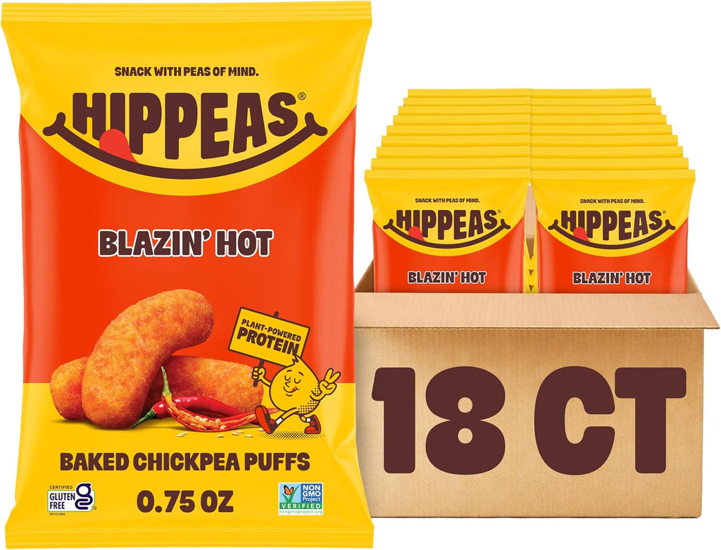 Hippeas Chickpea Puffs, Blazin' Hot, 18 x 0.75 oz Bags, Baked Crunchy Chickpea Snacks with 3g Plant Protein, 2g Fiber & 40% Less Fat, Dairy & Gluten Free, Non-GMO, Top 9 Allergen Free