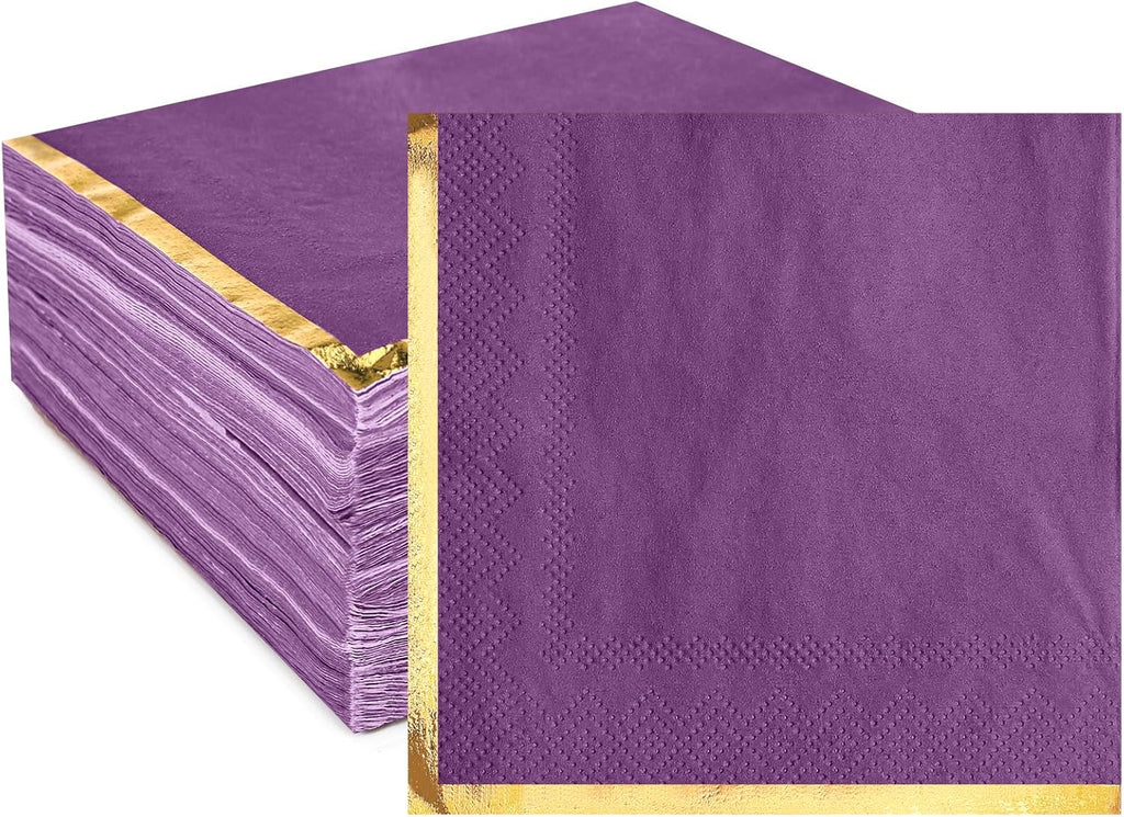 Fulmoon 100 Pack 2 Ply Cocktail Napkins Paper Gold Foil Trim Edge Beverage Dessert Disposable Paper Napkins Dinner Baby Shower Wedding Birthday Party Tableware Decorations, 5 x 5 Inches(Purple)
