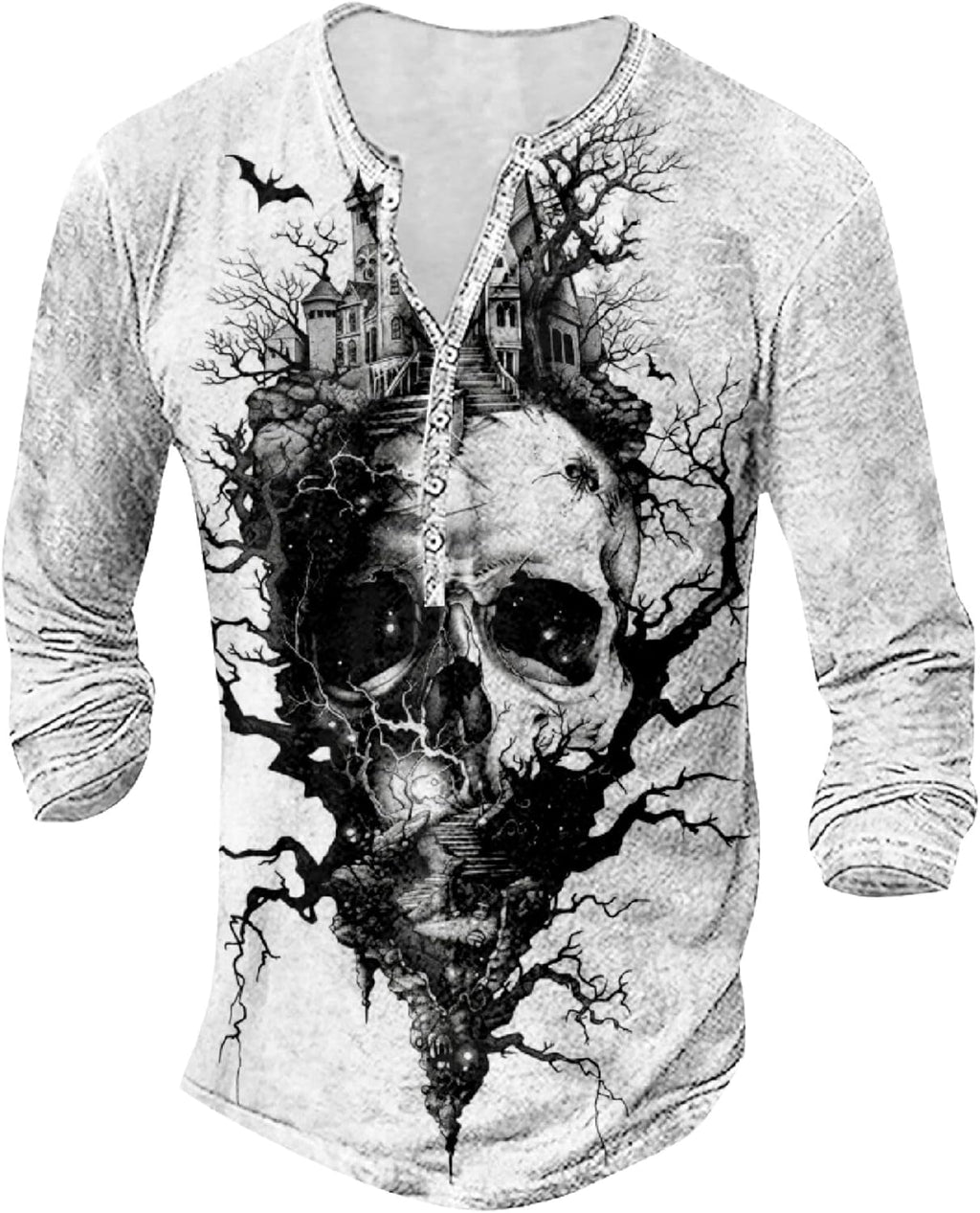 Skull Long Sleeve Henley Shirts for Men Graphic Gothic Y2K Tee Shirts Half Button Casual Pullover Trendy Fall Tops