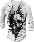 Skull Long Sleeve Henley Shirts for Men Graphic Gothic Y2K Tee Shirts Half Button Casual Pullover Trendy Fall Tops