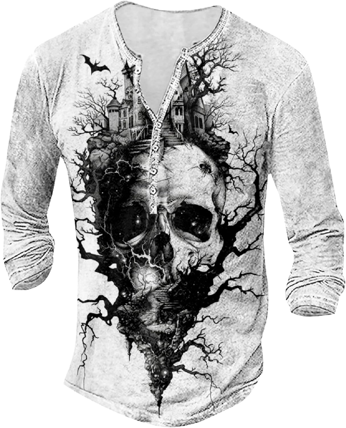 Skull Long Sleeve Henley Shirts for Men Graphic Gothic Y2K Tee Shirts Half Button Casual Pullover Trendy Fall Tops