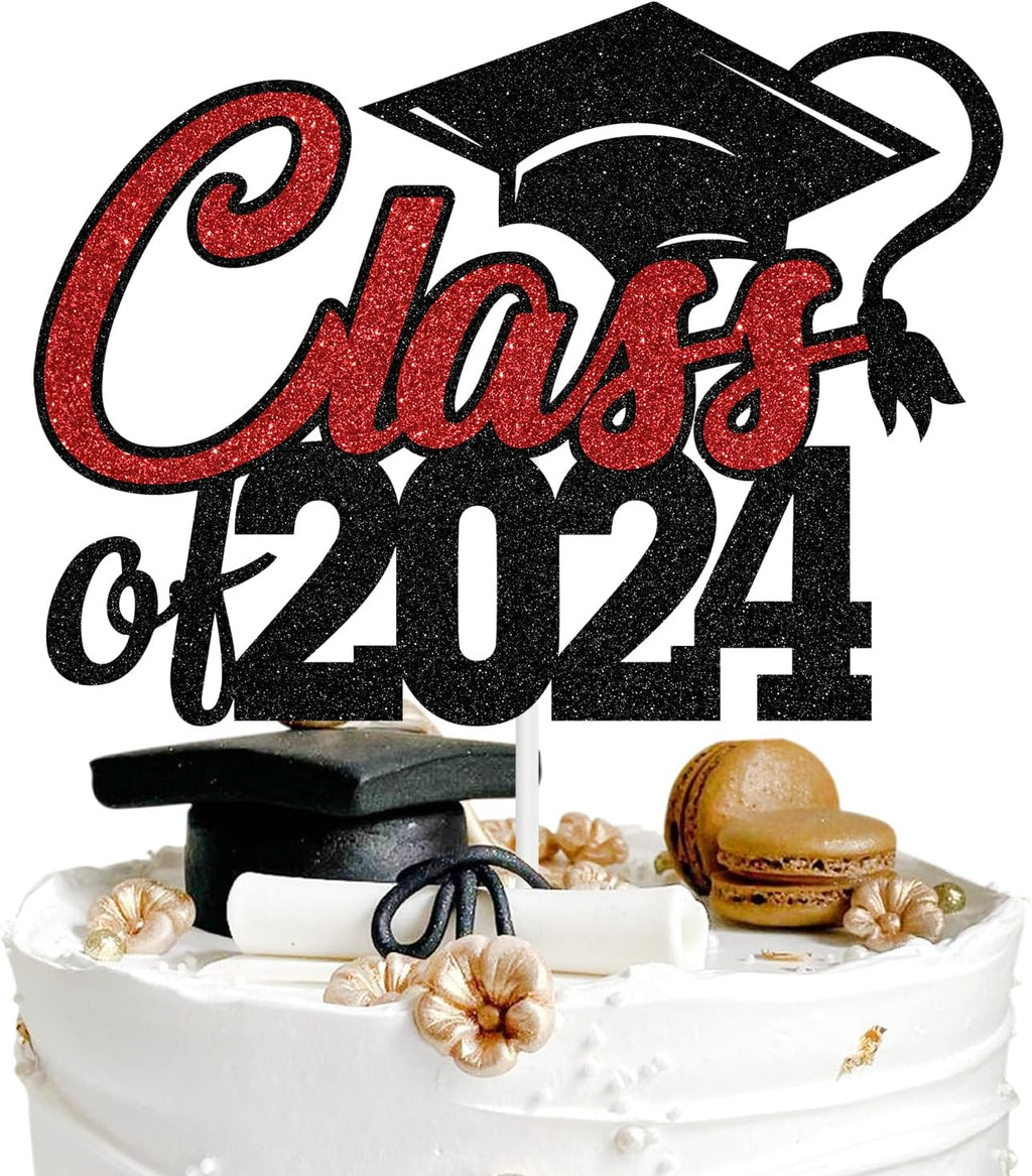 Aeryourtar Class of 2024 Cake Topper, Congrats Grad 2024 Graduation Cake Decor, High School/College Graduate Celebration Party Decoration Supplies, Black and Red Glitter
