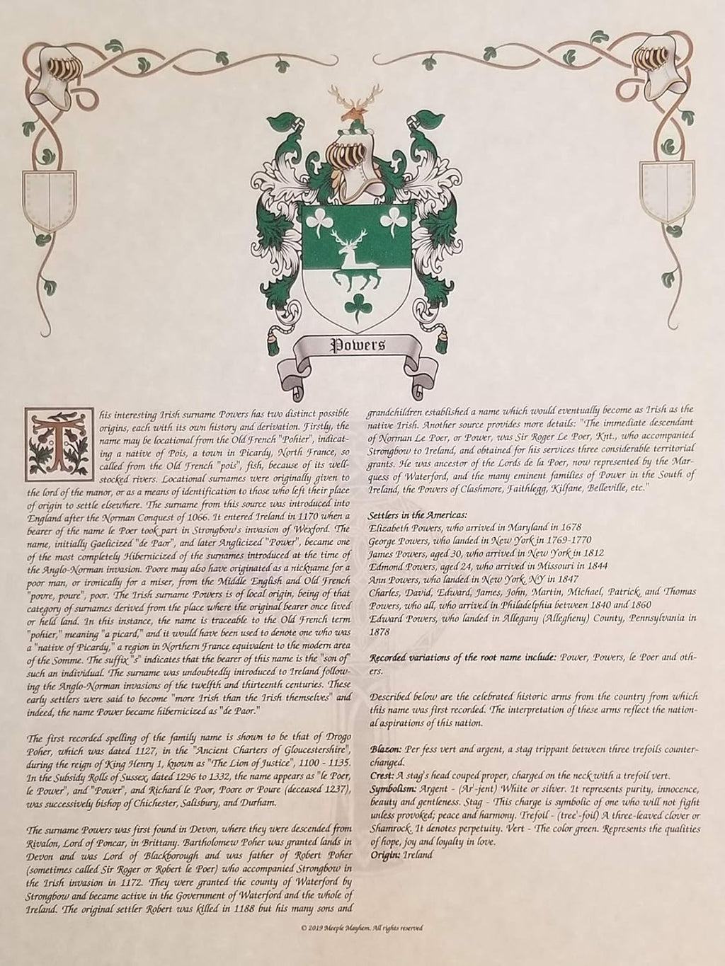 Mr Sweets Fitzpatrick Coat of Arms, Crest & History 8.5x11 Print - Name Meaning, Genealogy, Family Tree Aid, Ancestry, Ancestors, Namesakes - Surname Origin: English England