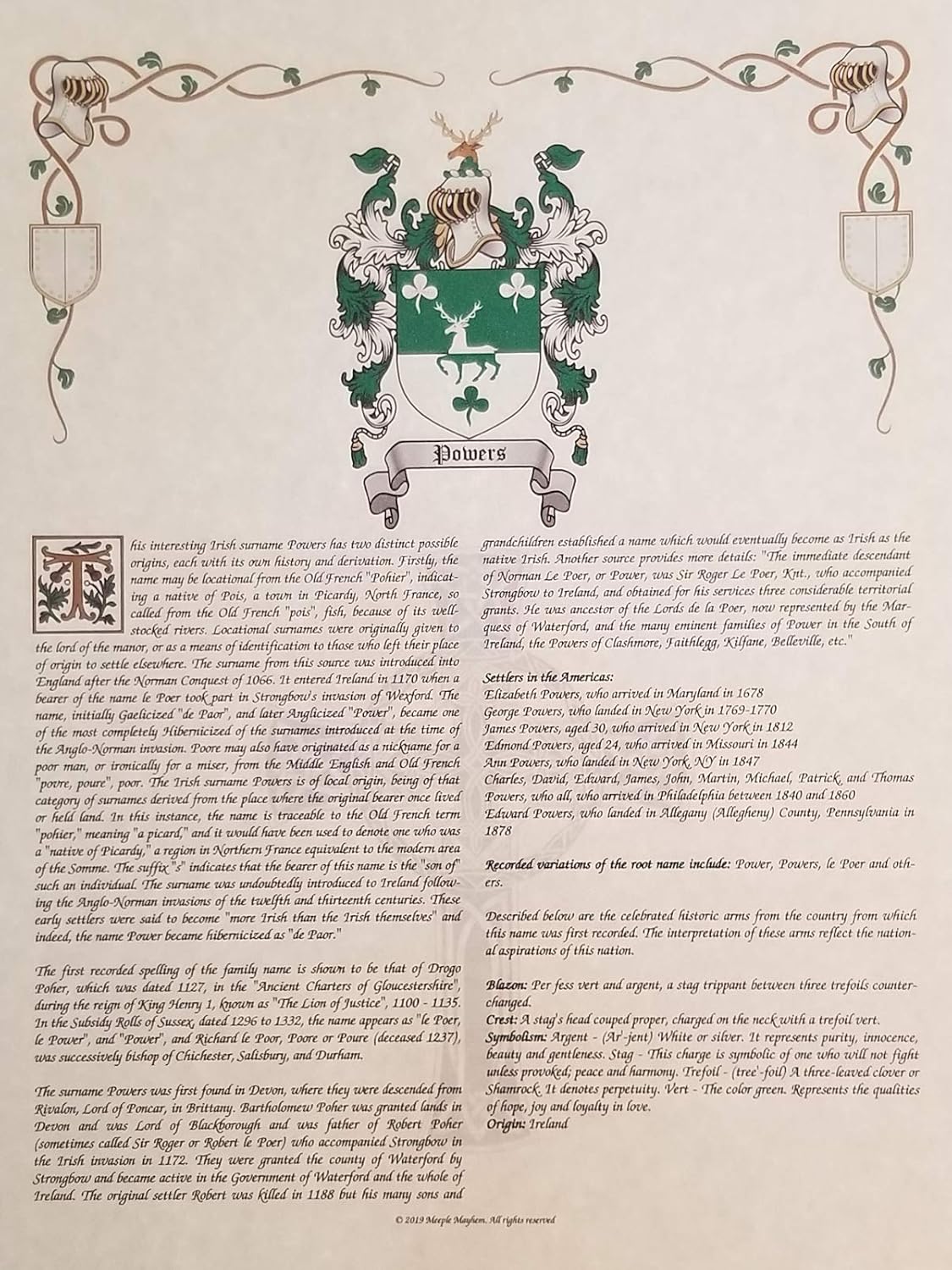 Mr Sweets Fitzpatrick Coat of Arms, Crest & History 8.5x11 Print - Name Meaning, Genealogy, Family Tree Aid, Ancestry, Ancestors, Namesakes - Surname Origin: Irish Ireland