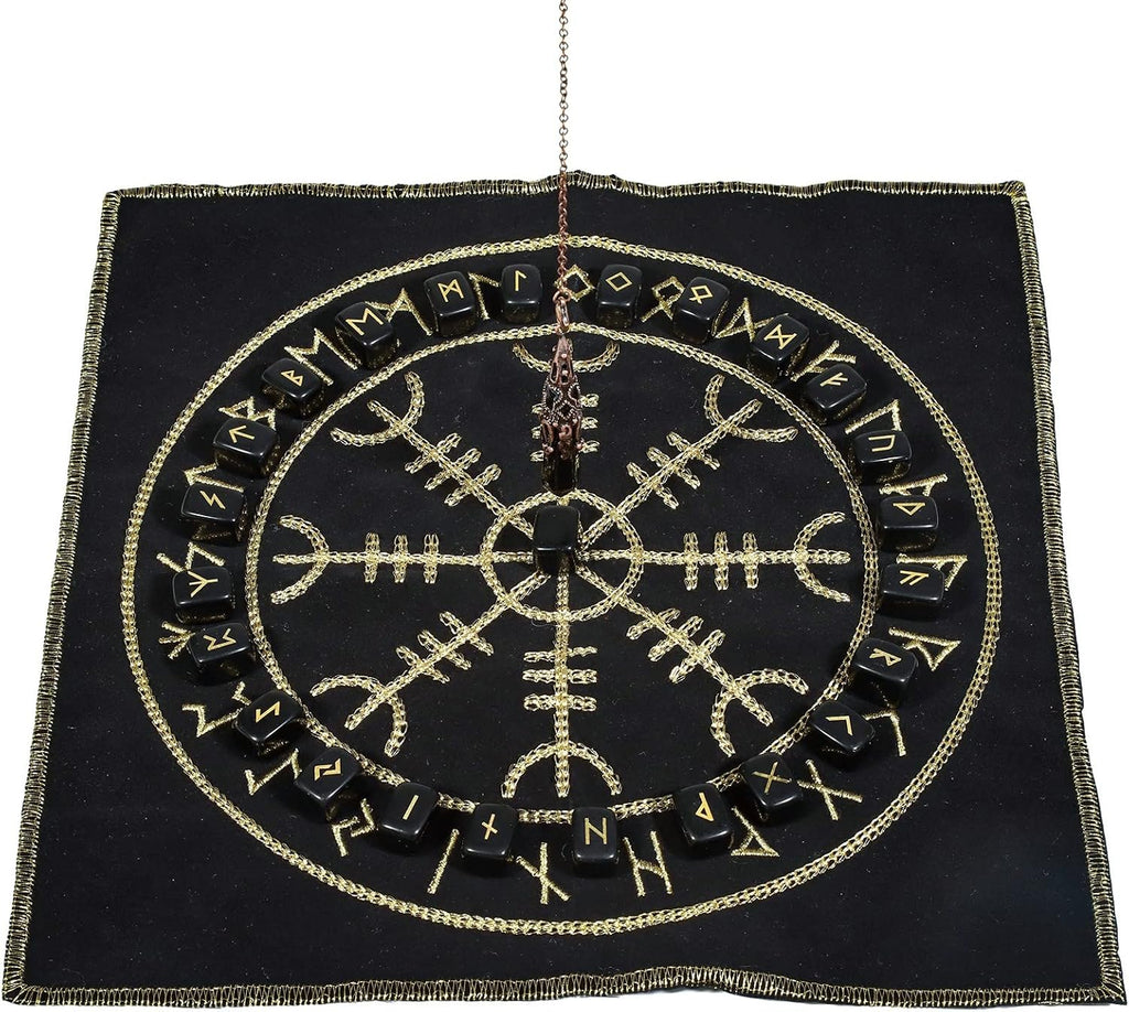mookaitedecor Black Obsidian Rune Stones Set & 6 Facted Crystal Pendulum with Viking Compass Embroidered Energy Mat for Divination Meditation Reiki Healing