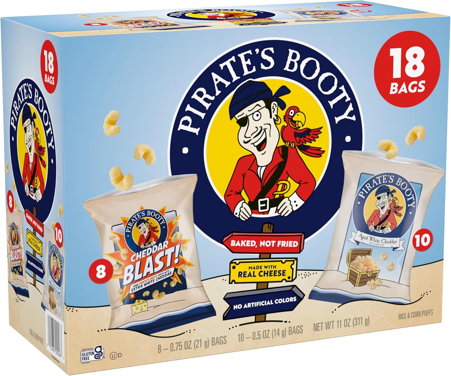 Pirate's Booty Aged White Cheddar and Cheddar Blast Cheese Puffs Variety Pack, Gluten-Free, Kids Snacks, 0.5oz and 0.75oz (18ct)