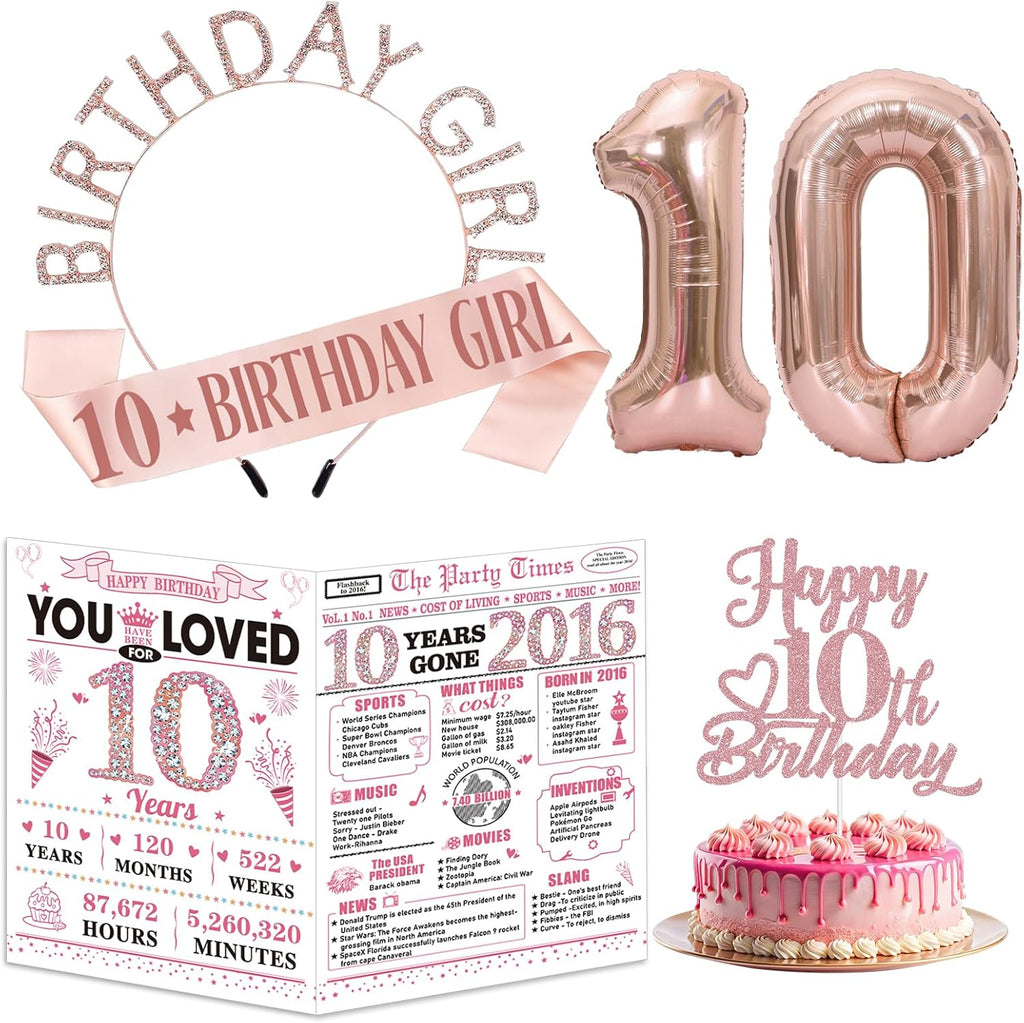 10th Birthday Decorations for Girls, Funny 10th Birthday Card, Happy 10th Birthday Crown and Sash Cake Toppers Balloons Party Supplies Kit, Pink Rose Gold 10 Year Old Gift for Girls