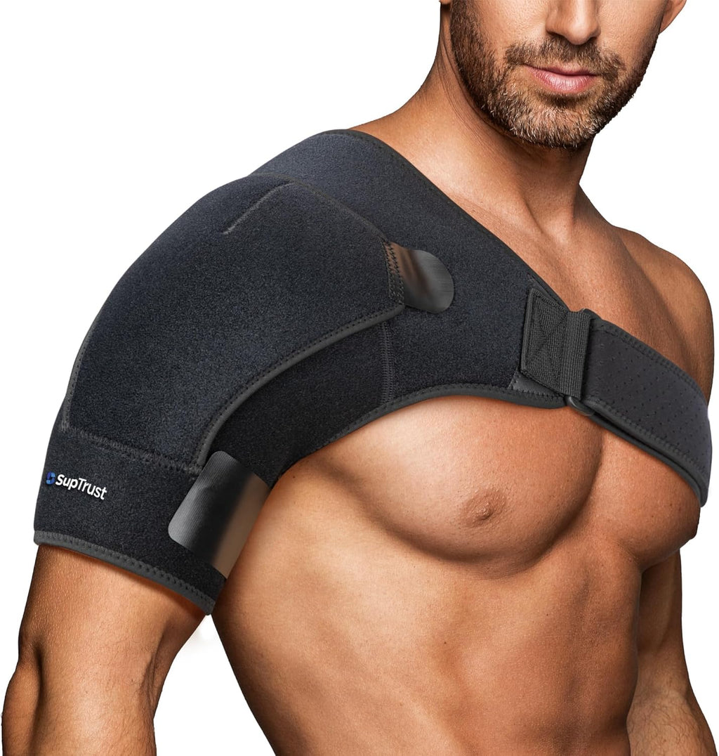 Suptrust Shoulder Brace for Women and Men: Shoulder Pain Relief Rotator Cuff Support Adjustable Fit Sleeve Wrap Relief for Injuries and Tendonitis - Large/X-Large Size, Black
