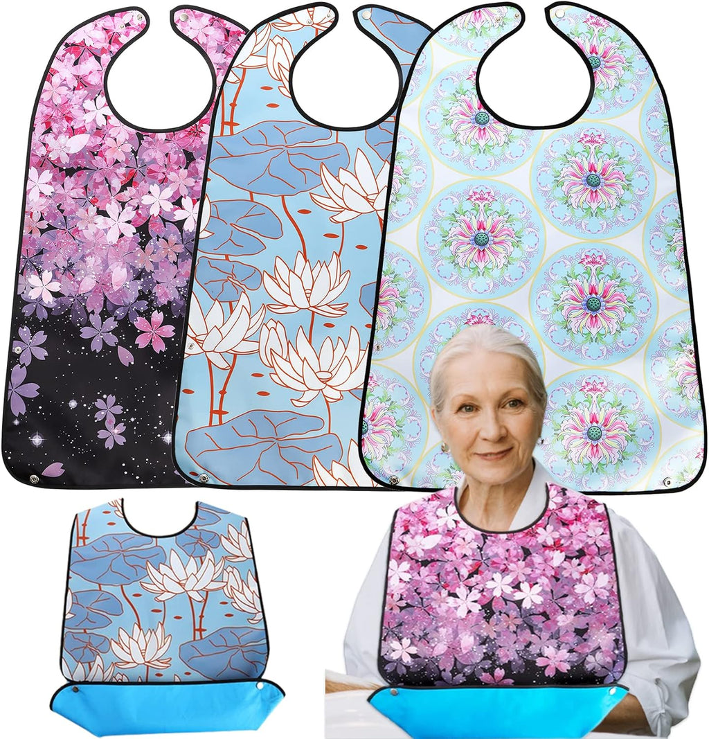 Yesland 3 Pack Adult Bibs for Elderly, Washable and Waterproof Bibs 30 x 19.5 Inch Clothing Protectors with Optional Crumb Catcher for Women Men Seniors Eating During Mealtime - Cherry Blossoms