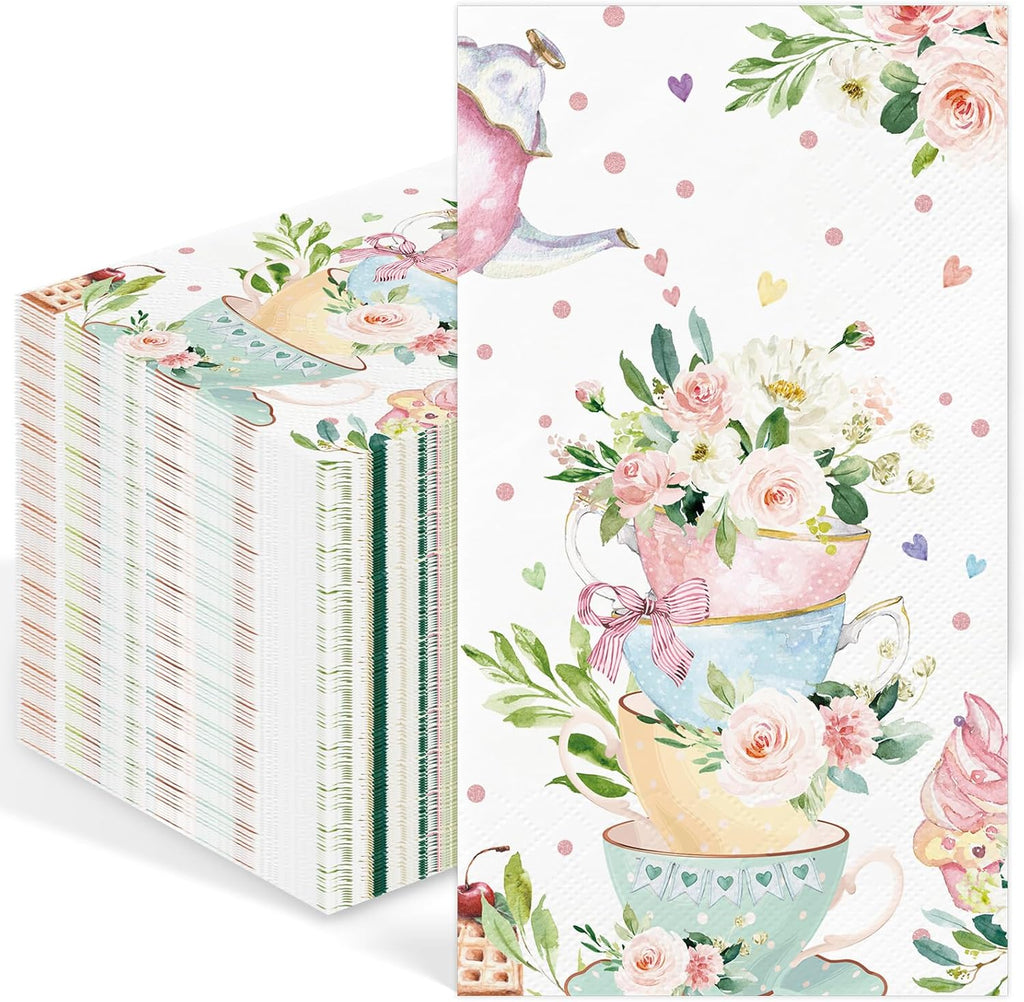 100PCS Tea Party Paper Napkins 3 Ply Disposable Hand Towels for Bathroom Spring Floral Tea Cup Guest Napkins Decorative Flower Teacups Dinner Napkins for Wedding Bridal Baby Shower Birthday Party