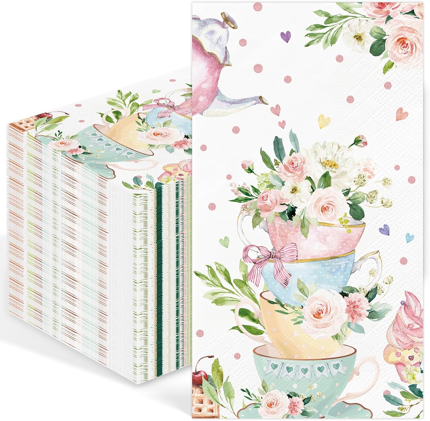100PCS Tea Party Paper Napkins 3 Ply Disposable Hand Towels for Bathroom Spring Floral Tea Cup Guest Napkins Decorative Flower Teacups Dinner Napkins for Wedding Bridal Baby Shower Birthday Party