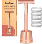 Bambaw Double Edge Safety Razor with Stand, Women Razor with 5 Double Edge Safety Razor Blades, Plastic Free Metal Razor – Rose Gold