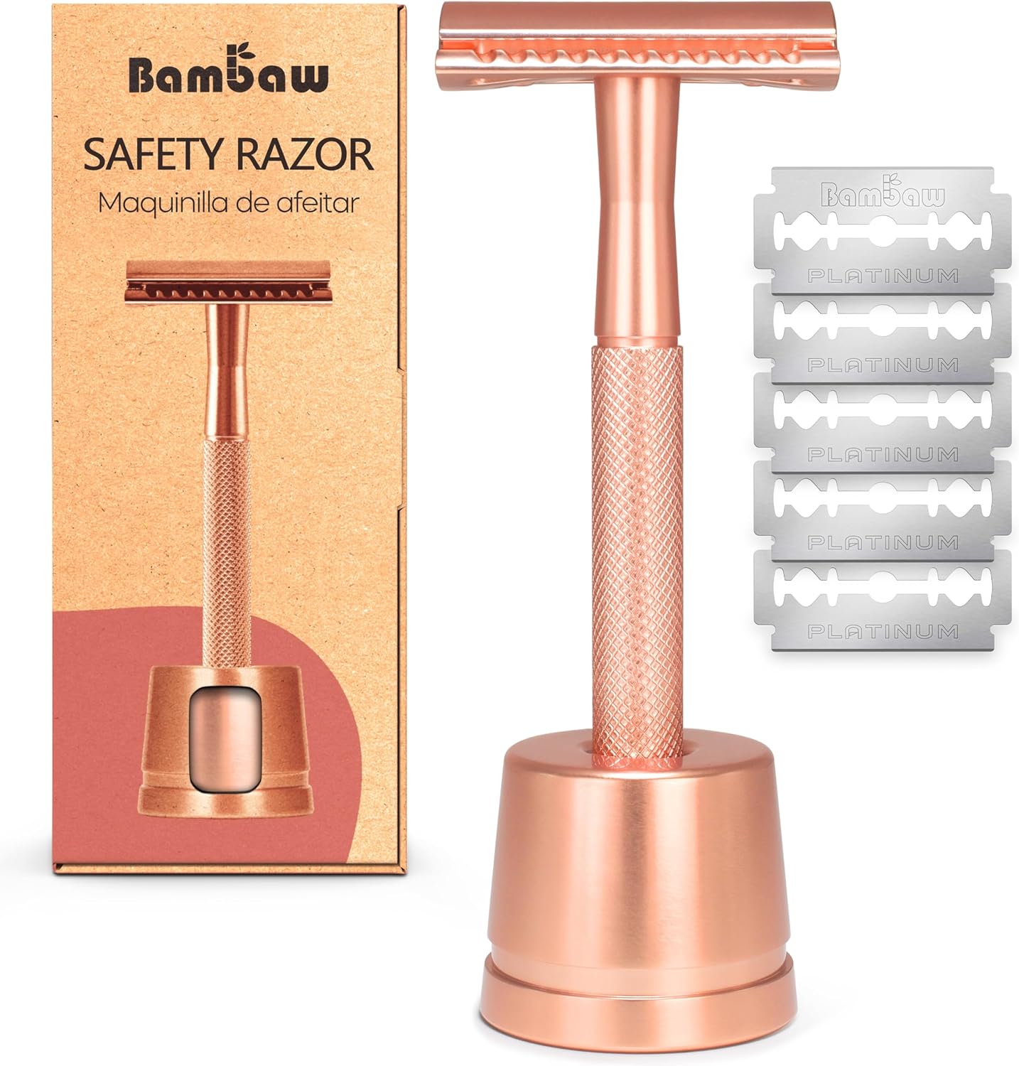 Bambaw Double Edge Safety Razor with Stand, Women Razor with 5 Double Edge Safety Razor Blades, Plastic Free Metal Razor – Rose Gold
