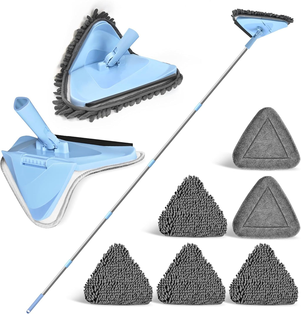 NEWE Wall Washer Mop with 80 Inch Long Handle, Wall and Ceiling Cleaner, 180° Folding Wall Scrubber with Long Handle, Triangle Baseboard Scrubber, 4 Chenille Duster & 2 Microfiber Pads