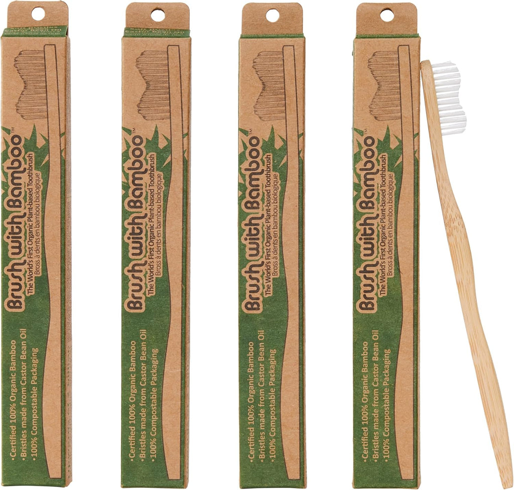 Brush with Bamboo Toothbrush with Plant-Based Bristles - 4 Pack