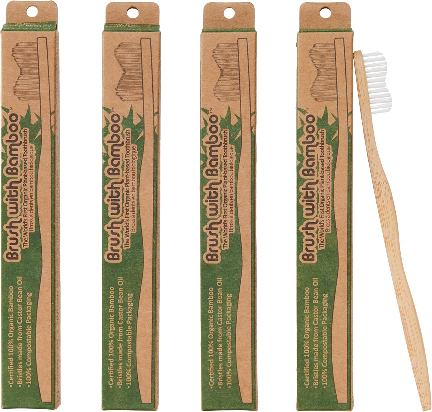 Brush with Bamboo Toothbrush with Plant-Based Bristles - 4 Pack