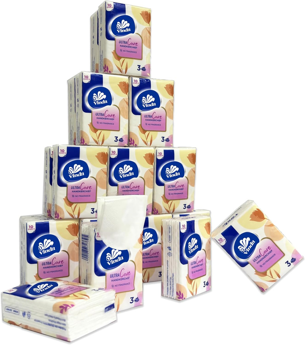 Vinda 3-Ply Mini Ultra Care Pocket Tissues, Portable Series Facial Tissue, Travel Size for Use In All Occasions (24 Packs of 10 Tissues)