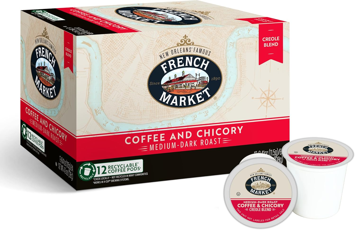 French Market Coffee & Chicory Medium-Dark Roast Single Serve Coffee Pods, 12ct Box (Pack of 6)