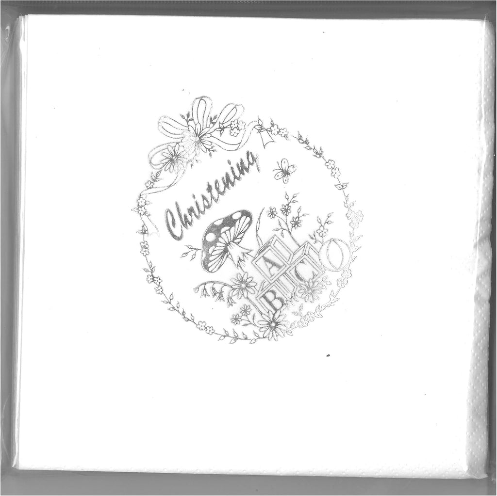 shop inc Pack of 15 Luxury Christening Toadstool Design Silver Foil Finished Large Napkins (3 Ply)
