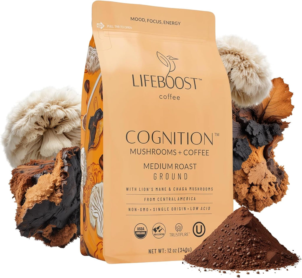 Lifeboost Cognition Adaptogenic Mushroom Coffee - Great Tasting Organic Lions Mane & Chaga Medium Roast Nootropic Coffee - Increase Energy, Boost Focus & Immune Support - 12 oz Bag - Ground