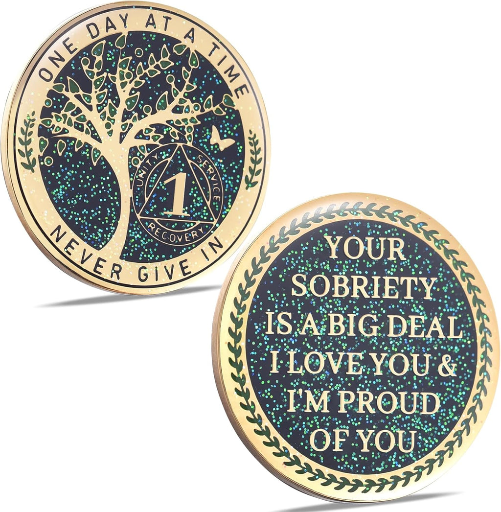 LParkin 1 Year Sobriety Coin, Tree of Life Recovery Coin, AA Recovery Medallion, Anniversary Token Sobriety Gifts, Alcoholics Anonymous Medallion