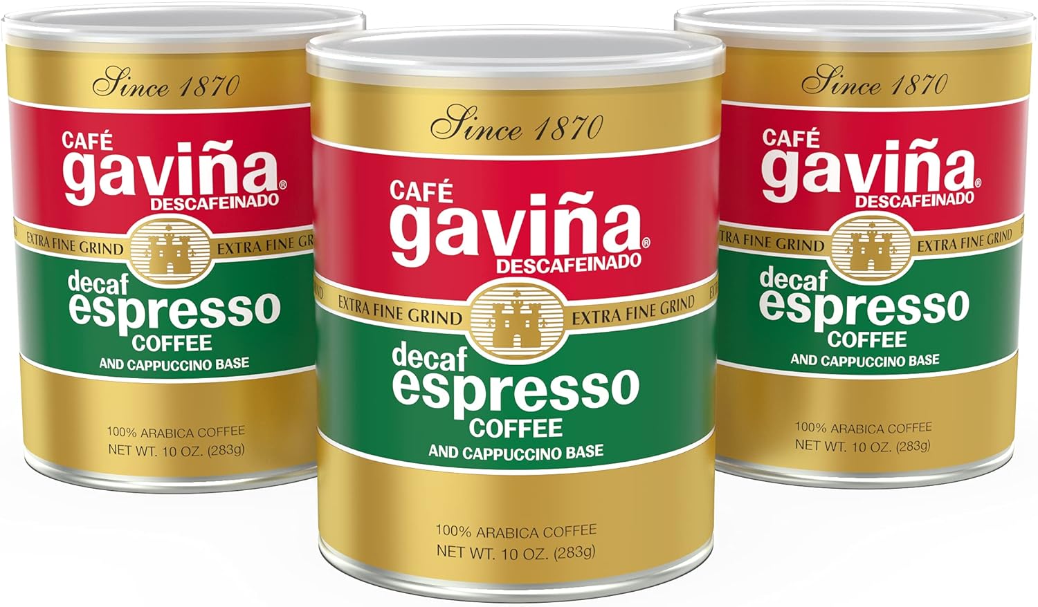 Café Gaviña Decaf Espresso Roast, Extra Fine Ground, 100% Arabica, Dark Roast, 3 x 10 oz Cans