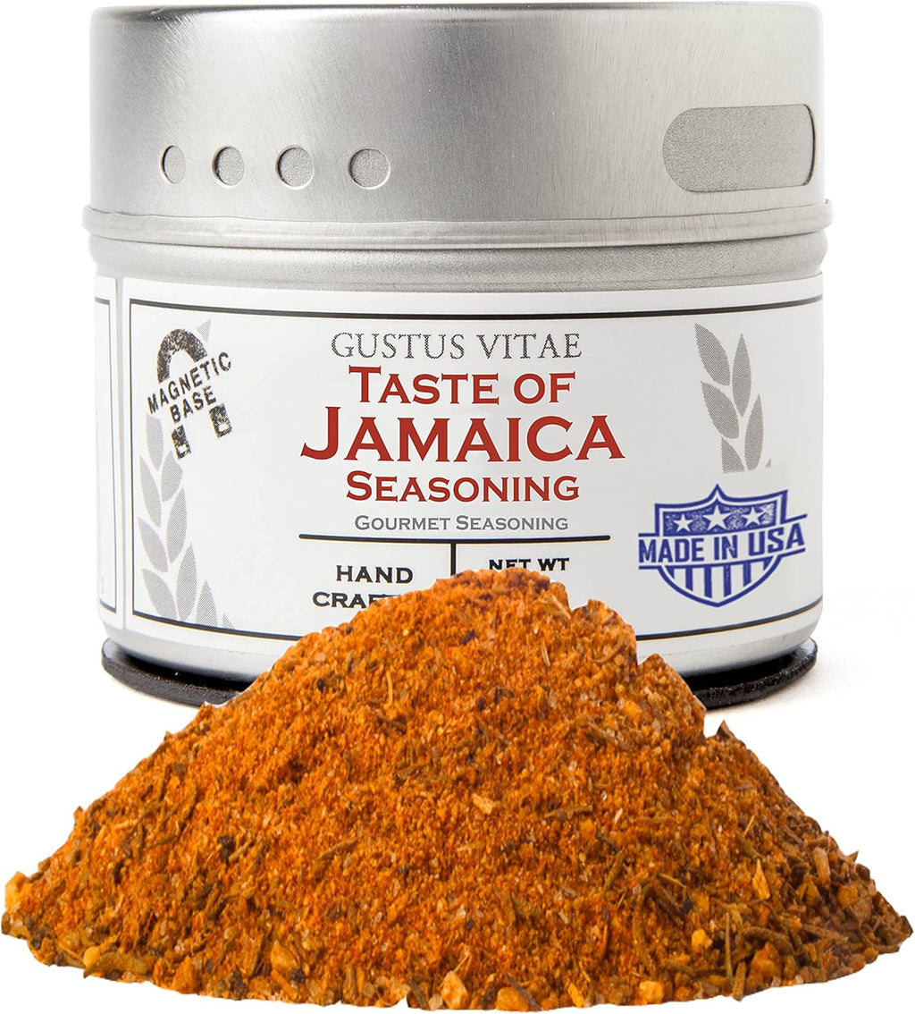 Taste of Jamaica | Authentic Gourmet Jerk Seasoning | Artisanal Spice Blend | Non GMO, All Natural | Handmade in Small Batches in USA | GLP-1 Friendly | Magnetic Tin | 1.5 Ounce | Gustus Vitae | #6