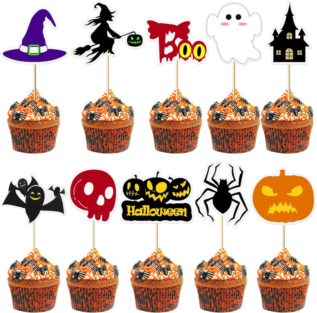 30pcs Halloween Cupcake Toppers Pumpkin Little Ghost Skull Cupcake Toppers Picks for Kids Baby Shower Birthday Halloweens Theme Party Decorations Supplies (Halloween)