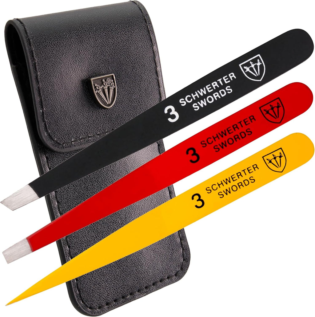 3 Swords Germany – brand quality professional stainless steel precision tweezer set “GERMANY”, slanted, straight, pointed eyebrows hair, synthetic leather case, manicure pedicure by 3 Swords (005342)