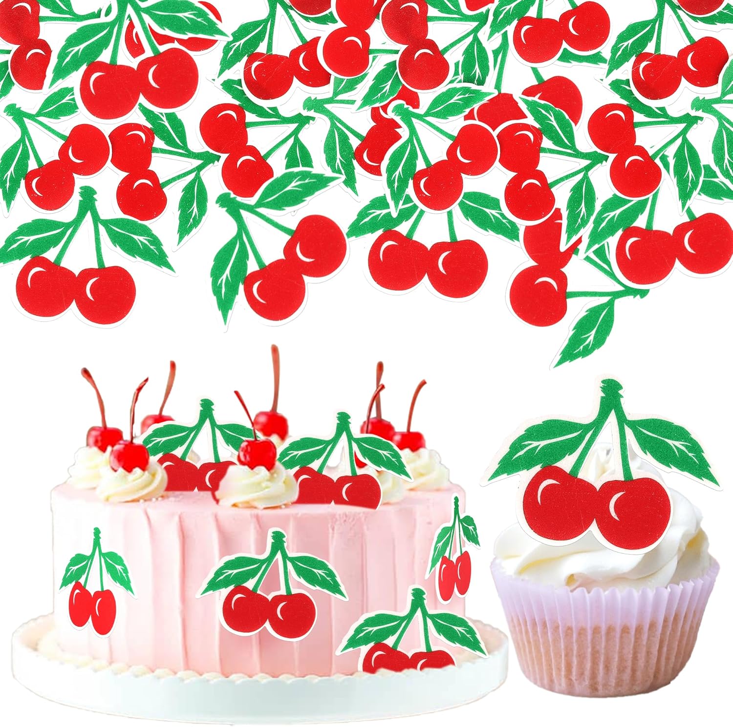 60 PCS Edible Cherry Cupcake Toppers Wafer Paper Sweet Fruit Theme Cake Decorations Edible Red Cherry Cupcake Picks for Baby Shower Wedding Birthday Party Cake Food Decorations Supplies