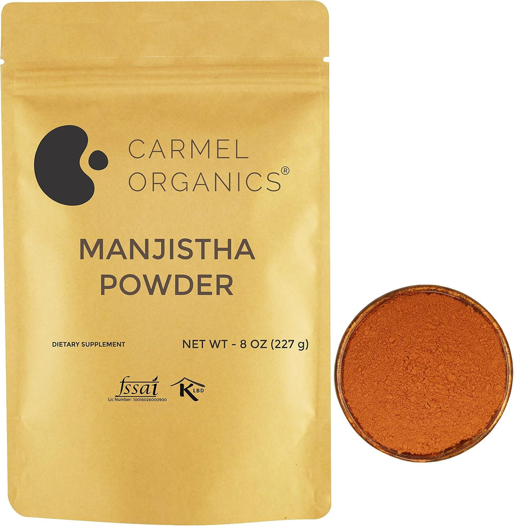 CARMEL ORGANICS Manjistha Root/Indian Madder Powder (8 Ounce), Natural dye and Hair Color | Ayurvedic Herb for Skin and Health, No Added Preservative or Additives, Non-GMO