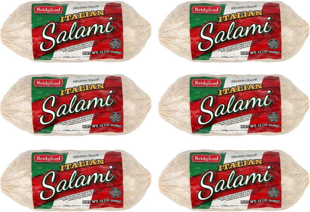 Bridgford Dry Italian Salami 12 oz Pack of 6 - Zero-Carb, Protein-Rich, Naturally Fermented, Shelf-Stable Charcuterie Meat - Ready to Slice & Serve for Sandwiches, Platters, or Snacks