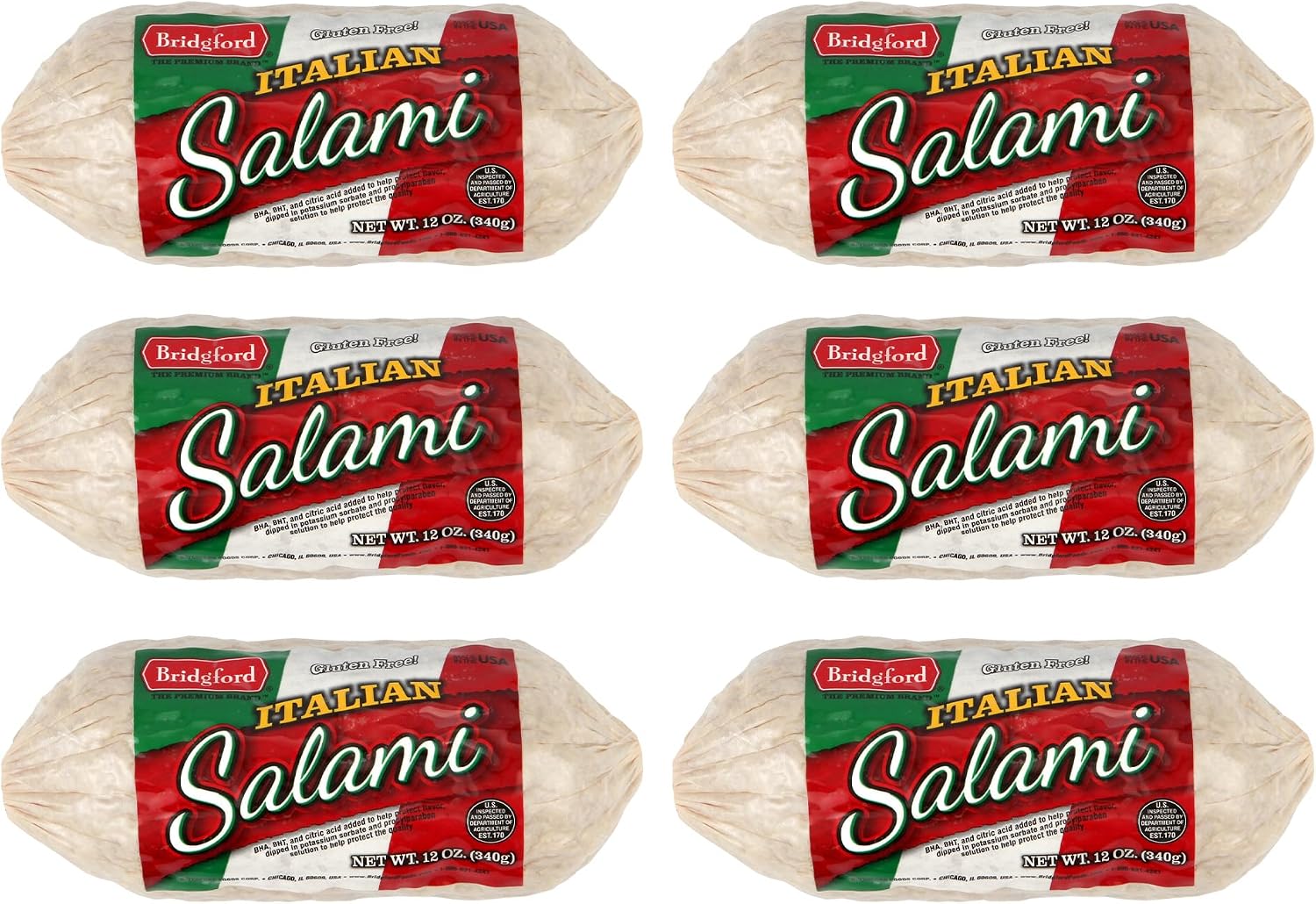Bridgford Dry Italian Salami 12 oz Pack of 6 - Zero-Carb, Protein-Rich, Naturally Fermented, Shelf-Stable Charcuterie Meat - Ready to Slice & Serve for Sandwiches, Platters, or Snacks